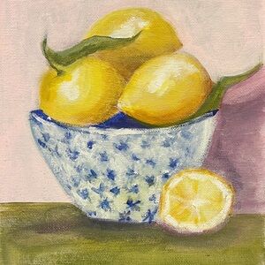 Original hand painted bowl of lemons still life on canvas board art